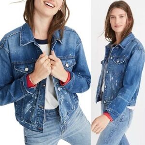 MADEWELL The Boxy Crop Blue Jean Spattered Denim Jacket New With Tags Size L